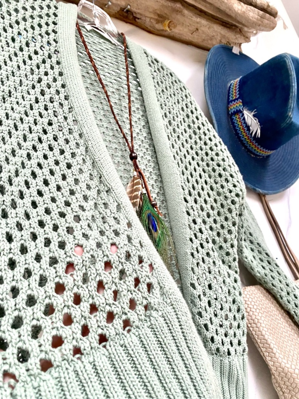 Mesh Sage green Semi sheer crochet/cover up boho Cardi w shabby chic beach vibe - Picture 9 of 15